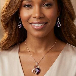 Purple Heart Crystal Necklace & Earrings Set | Gold Tone Rhinestone Swirl |10”